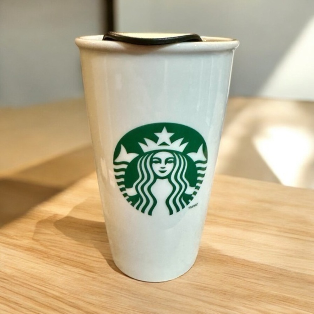 Starbucks Classic White and Green Double Wall Ceramic Coffee Travel Tumbler